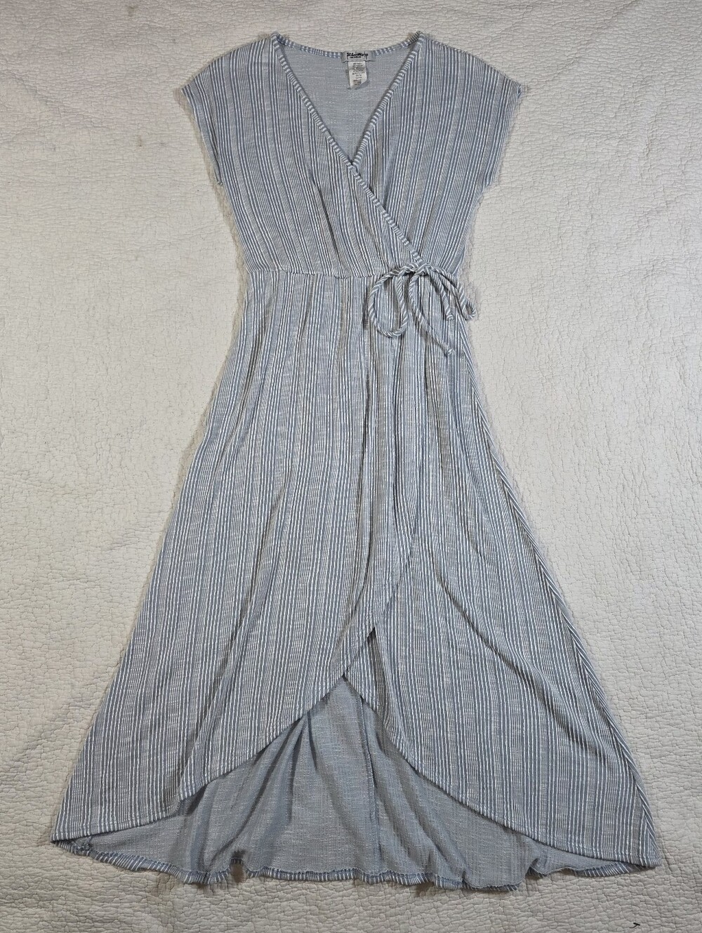StitchWurks Los Angeles Light Blue Striped Faux Wrap Maxi Dress